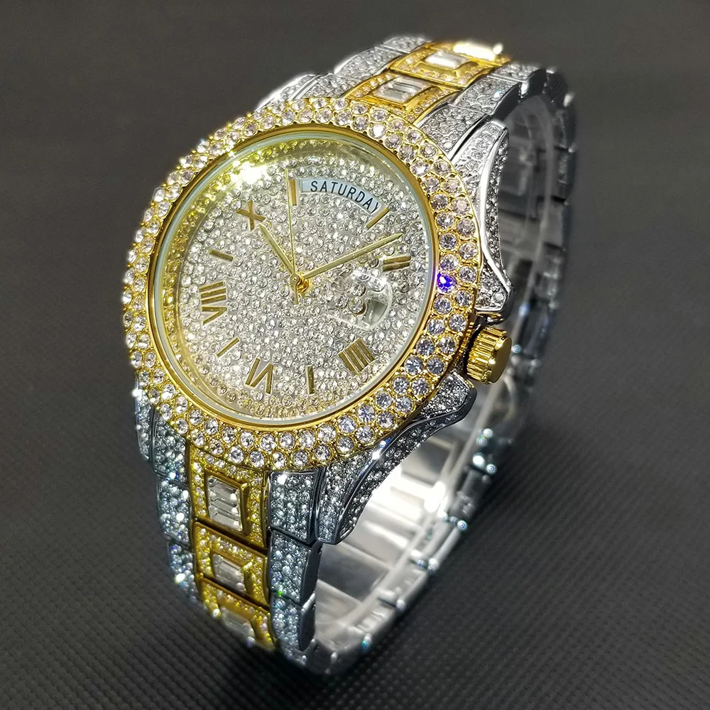 Datum Tag Diamant Uhr Für Männer Luxus Edelstahl Street Style Ice Out Armbanduhr Hip Hop Silber Bling Wasserdichte Uhr Geschenk – Detail 22
