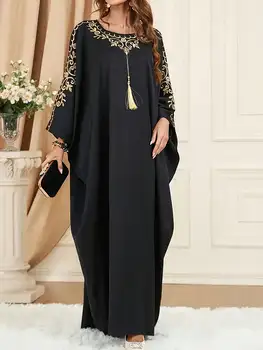 2026 Casual and Elegant Summer Style Solid Color Chest Decoration Round Neck Long-Sleeved Plus Size Arabic Robe Dress 1