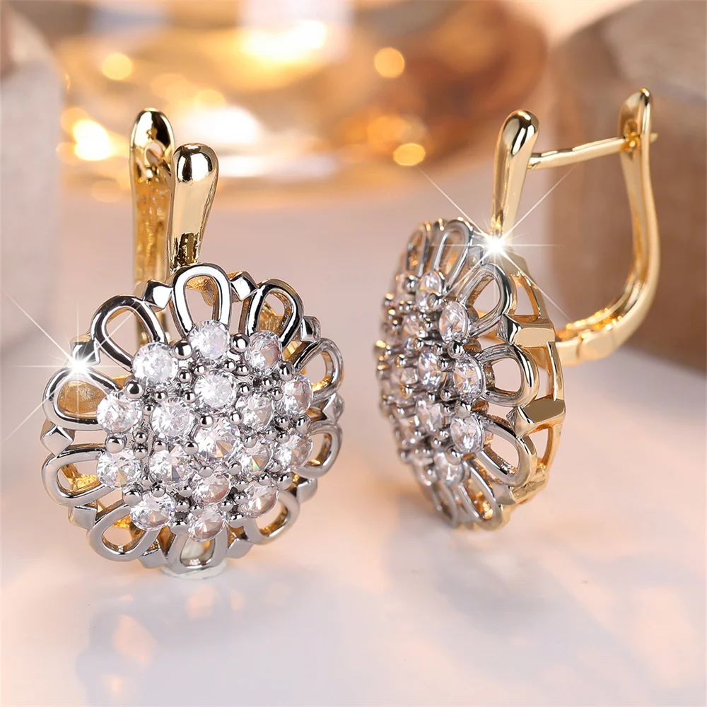 Vintage Hollow Flower White Zircon Hoop Earrings For Women Antique Gold Silver Color Ear Buckle Wedding Jewelry Versatile Gifts