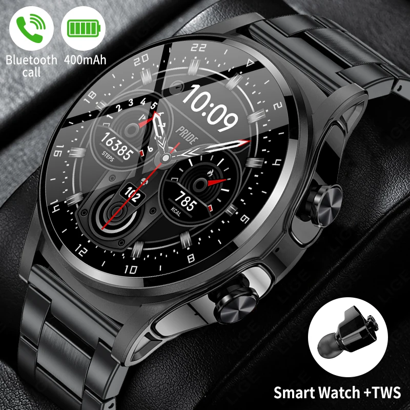LIGE NFC 스마트 워치 남녀공용 스마트 워치 2024 TWS 블루투스 이어폰, 통화 음악 건강 모니터, 스포츠 피트니스 스마트워치, 400mAh
