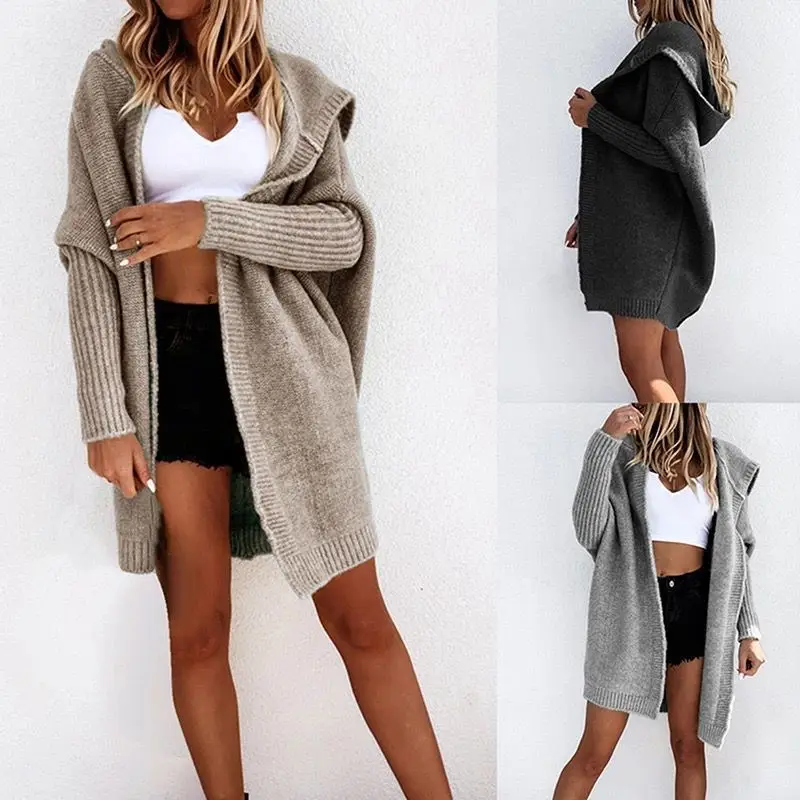 

New Solid Color Casual Sweater Women's Autumn/Winter Loose Hooded Knitted Cardigan Mid length Coat