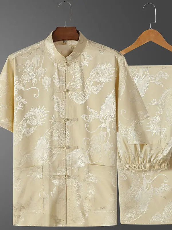 Chinese Men Hanfu Top Silk Dragon Pattern Retro Tang Suit Kung Fu Tai Chi With Pocket Shirt