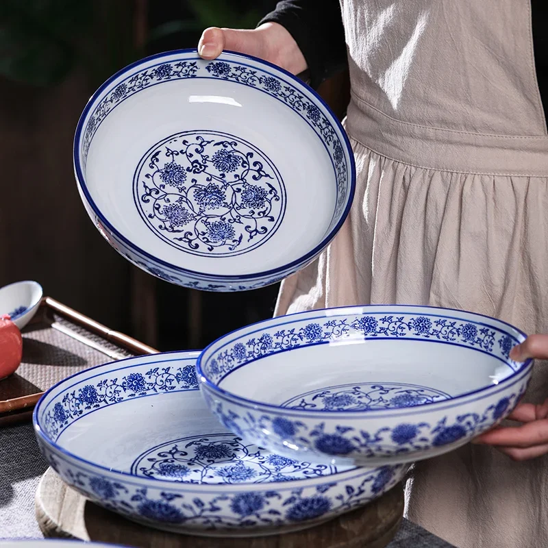 Commercial Blue and White Porcelain Plate Super Large for Chopped Pepper Fish Head Chinese Cabbage Fish Large Dish