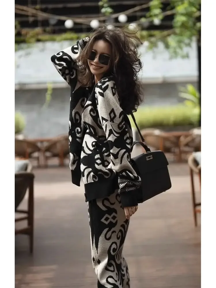 한국 스타일 세트 투피스 니트 A라인 스커트, 슬림해 보이는 루즈핏 코트, 가디건, 고급스러운 프린팅, 가을