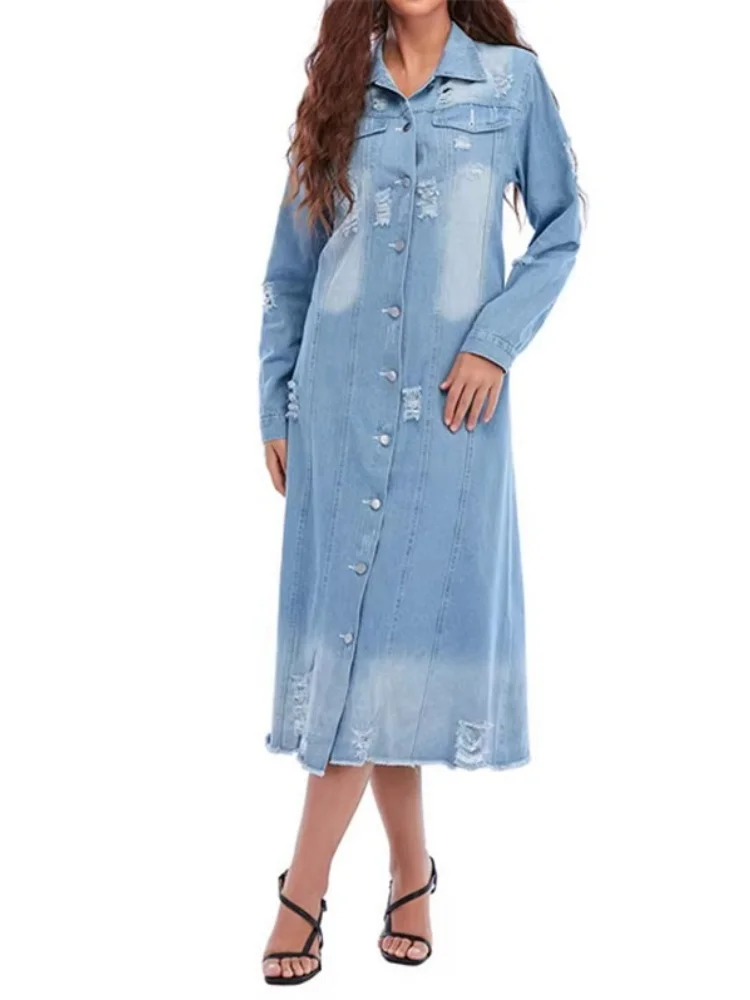 Wmstar Denim Coat Women Wholesale New Button Down Washed Long Sleeved Jacket Mid Length Windbreaker Spring Autumn Europe America