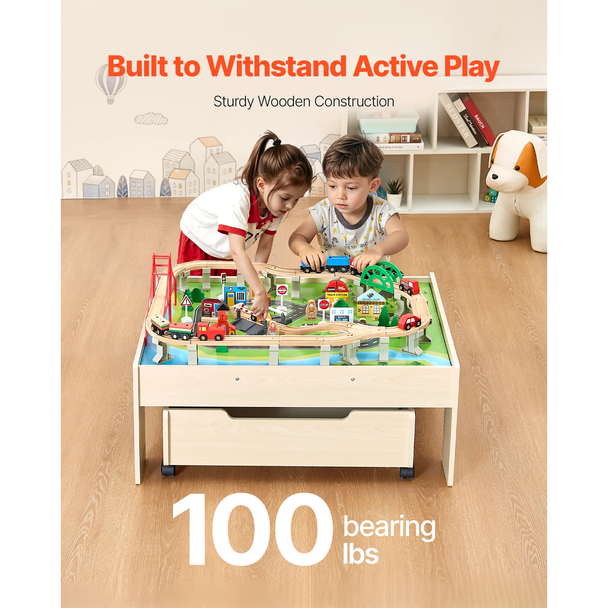 Wooden Multicolor Kids Train Table with Rolling Drawer