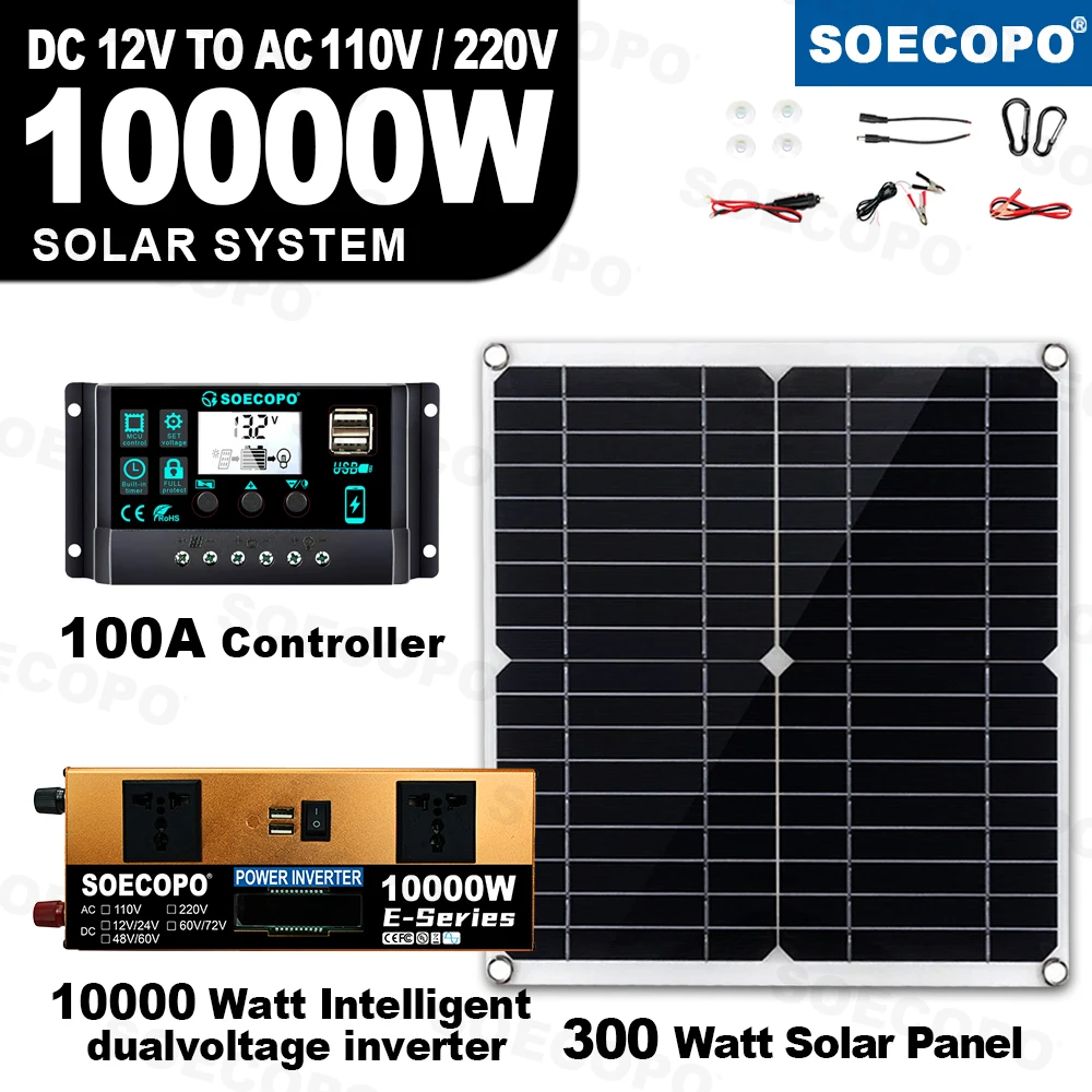 10000W Solar System Power Kit 12V/24V Dual Voltage LCD Inverter Solar Power 100A Controller 300W Panel for Home/RV/Camping solar panel kit solar power panel kit