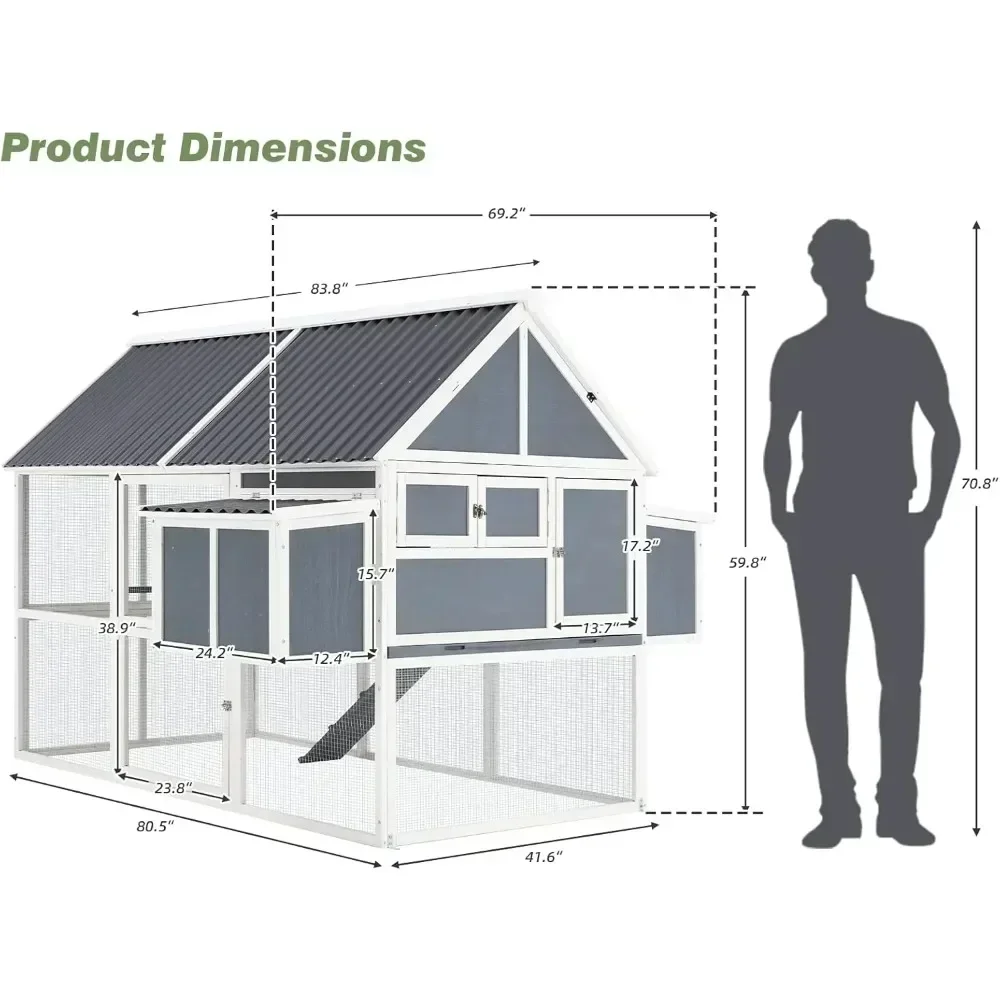 84&rdquo; Large Chicken Coop, Outdoor Wooden Hen House Poultry Cage for 8-10 Chickens Walk in Chicken House with Run