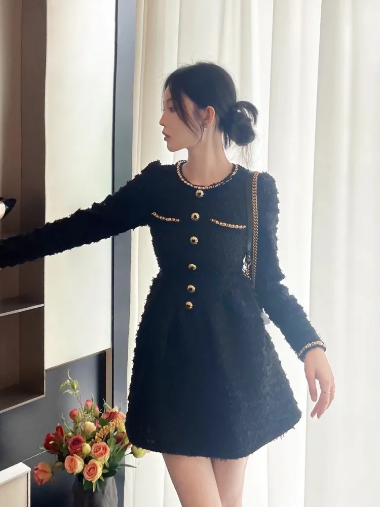Sweet Women Fashion Pearl Chain Black Tweed Dress O-Neck