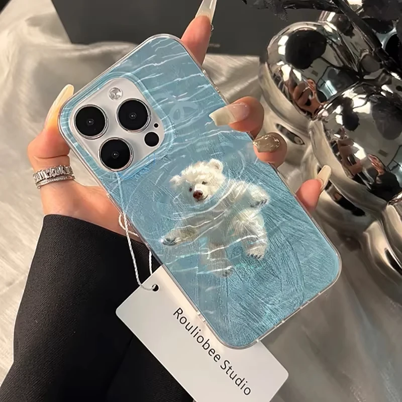 Swimming Bear Feather Yarn Soft Edge Anti-Drop and Shock-Proof Phone Case