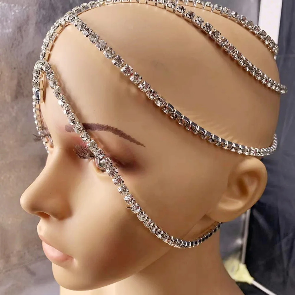 Shiny Rhinestone Multi-layer Bridal Headpiece Forehead Head Chain Jewelry for Women Crystal Hollow Headband Cap Hat Accessories