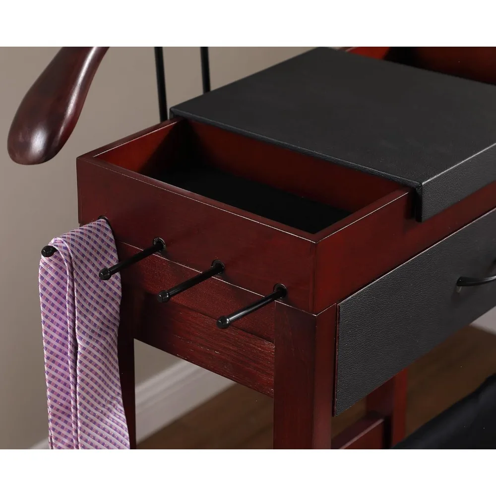 winston freestanding wooden clothes valet stand organizer with hanger, pant rod, drawer, tie hook, tray, shoe rack for men and