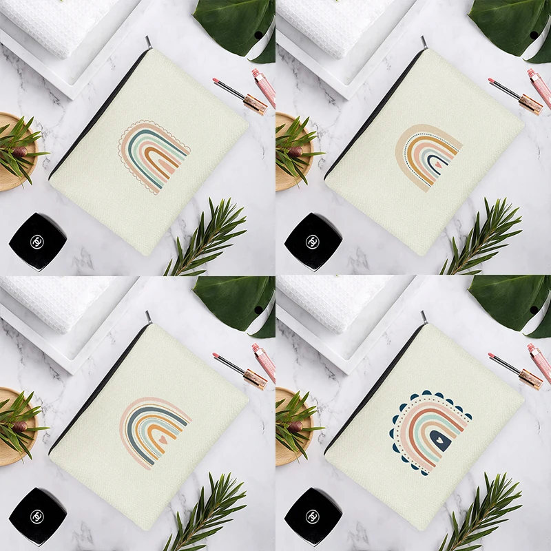 

Ins Simple Cartoon Pink Little Rainbow Love White Linen Cosmetic Bag For Women Easy Carry Storage Travel 15x22cm/18x25cm