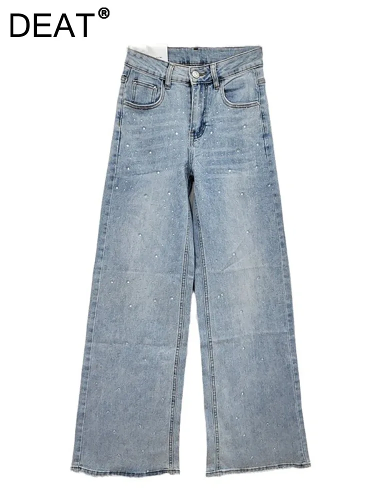 

DEAT Women's Jeans High Waist Straight Wide Leg Full Diamonds Loose Washed Blue Denim Pants 2024 Summer New Fashion 29L7584