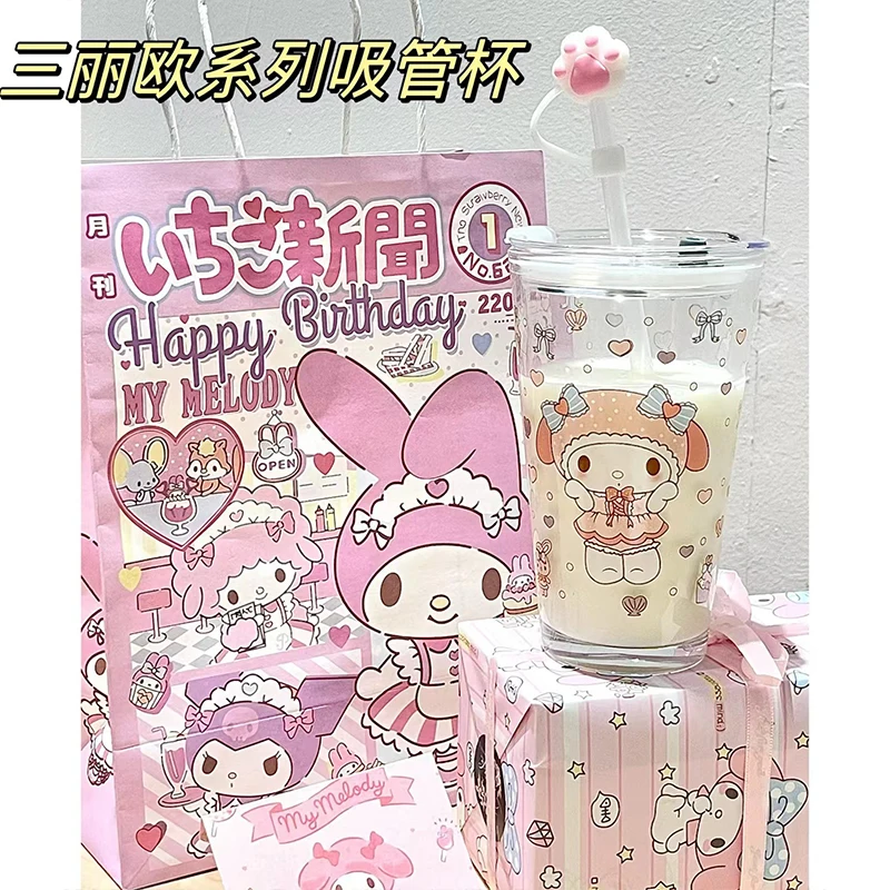 Sanrio Anime Hello Kitty Glass Straw Cup Milk Cup Cute Cartoon Coolommy  Melody Beverage Juice with Lid Drink Cup Ins Style - AliExpress