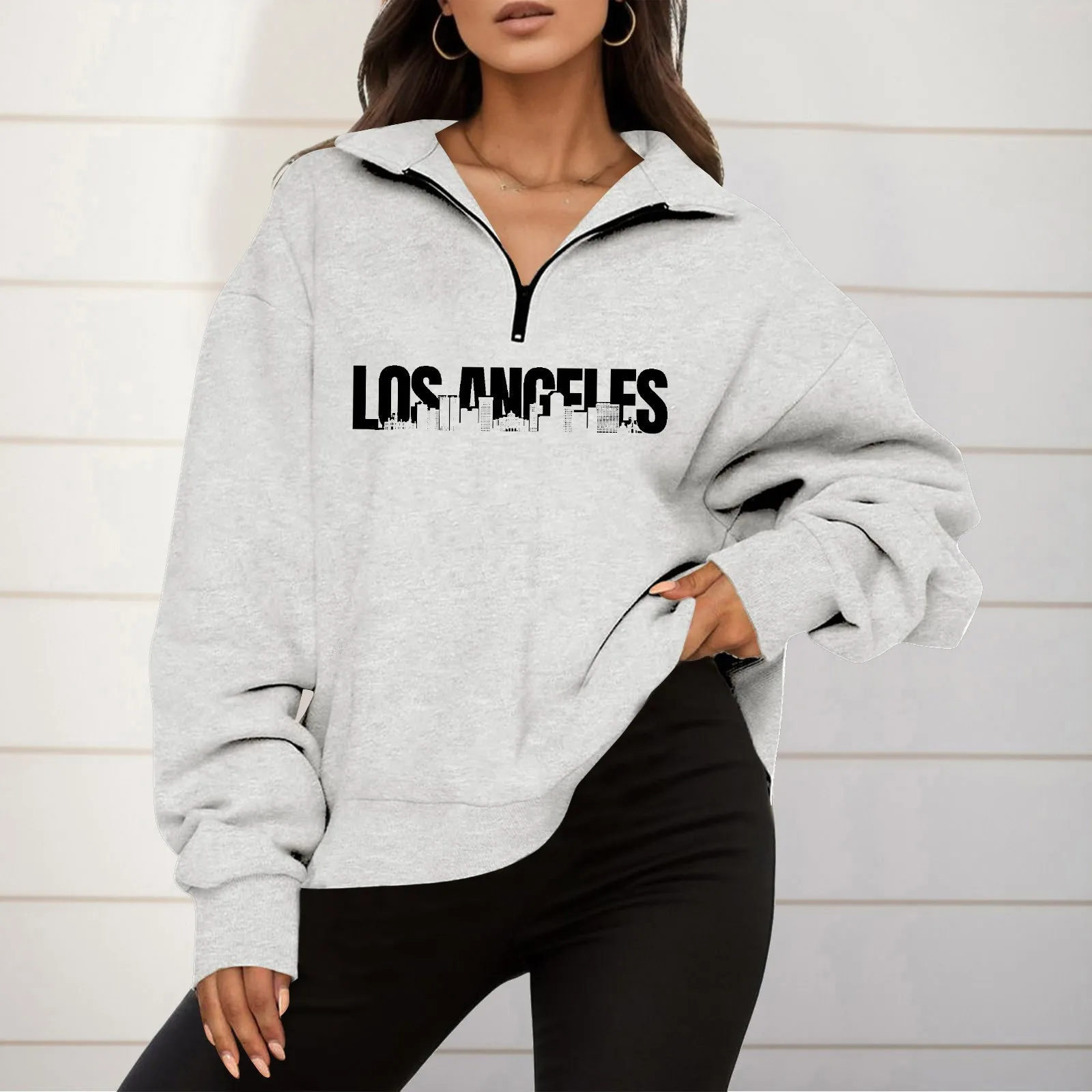 

Los Angeles Zip Up Hoodies Womens Turn-Down Collar Sweatshirts Harajuku Oversize Leisure Pullovers Outdoor Sports Tracksuits Top