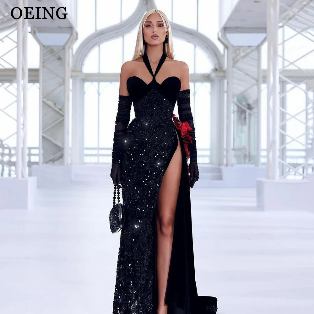 

OEING Sparkly Black Party Dresses Glitter Sweetheart Sequins High Slit Sleeveless Prom Dress Sexy Shiny Evening Gowns Gala