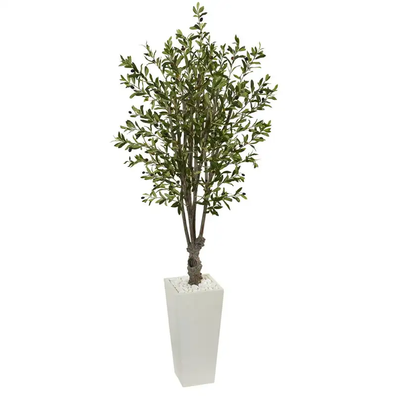 

Olive Artificial Tree in White Tower Planter Bouquet wrapping paper Eucalyptus leaves Blue flowers artificial Peony artificial f