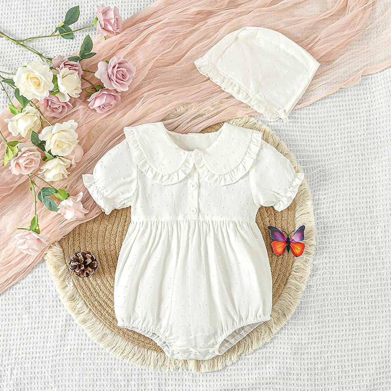 

VISgogo Baby Girl Cute Bodysuits 2Pcs Summer Outfits Short Sleeve Doll Collar Button Front Romper with Bonnet Set Infant Clothes