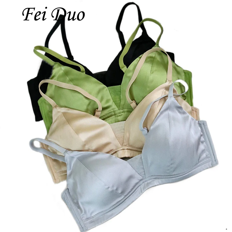 2023 Women's Fashion New Silk Satin Glossy Thin Bra Light Luxury Silk Cordless Underwear