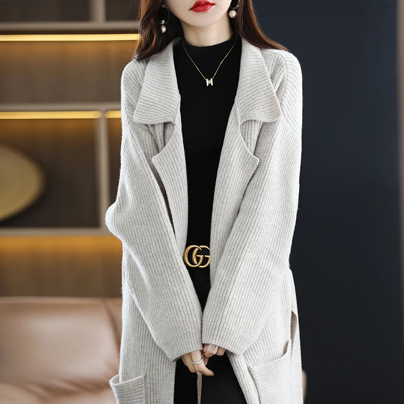 Women's Korean Lapel Knit Cardigan 100% Pure Wool Coat Soft Skin-Friendly Simple Warm Fashion Fluffy Versatile Chic Retro Coat