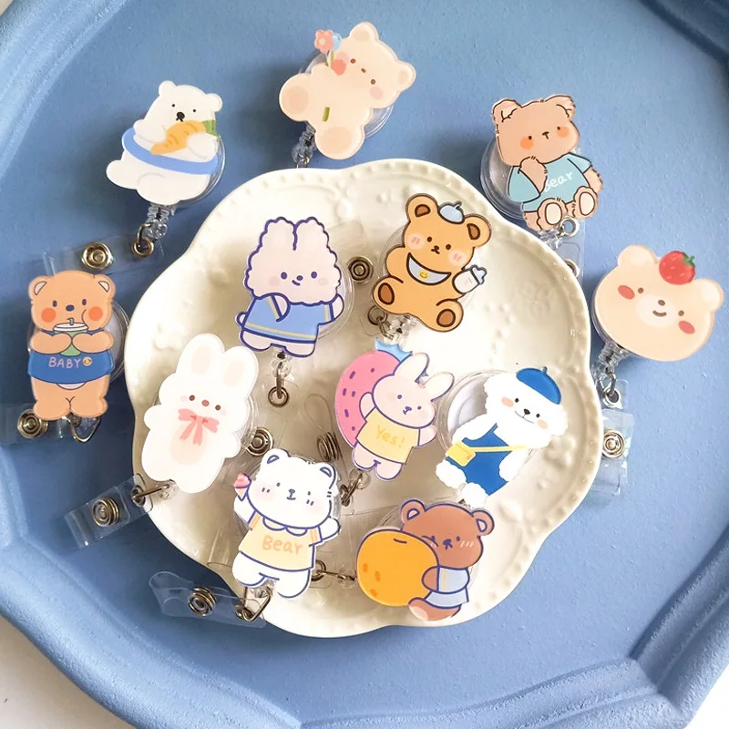 1 Piece Acrylic Retractable Nurse Badge Reel Retractable Badge Reel Badge Holder Badge Holder Keychain Retractable Id Tag Retractable Id Lanyard Cute Anime Bunny Bear Students Name Tag ID Card Holder Keychains Lanyard