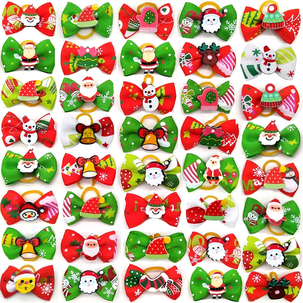 Random 12PC Christmas bows pet hair clips holiday parties dog headwear cat Christmas hair clips children's decorations