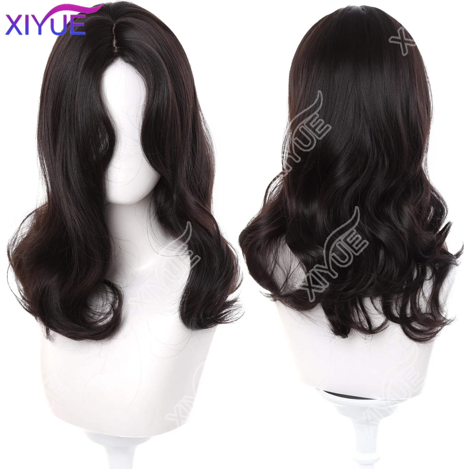 XIYUE cool brown Wavy Synthetic Wigs Medium Length Middle Part Wig for Women Daily Party Wedding Use Heat Resistant