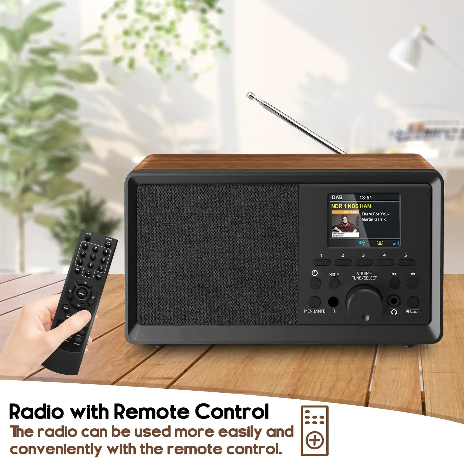 다기능 DAB/FM 라디오 블루투스 5.0 스피커, 리모컨이 있는 레트로 우드 라디오, USB/AUX, 헤드폰 잭, 듀얼 알람, 수면 타이머