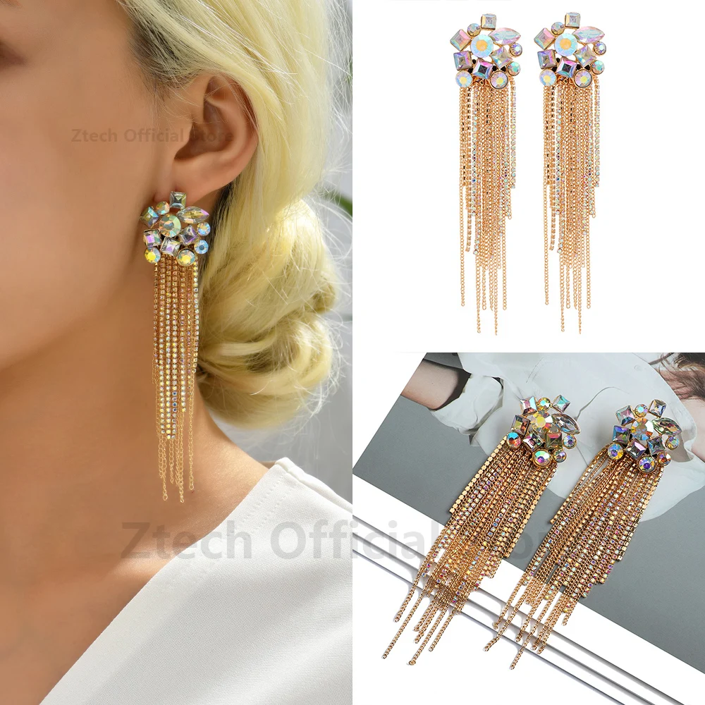 Ztech Long Link Tassel Korean Fashion Earrings For Women Girl Crystal Luxury Designer Jewelry Statement Vintage Boho Accessories drop earrings dangle earrings crystal earrings
