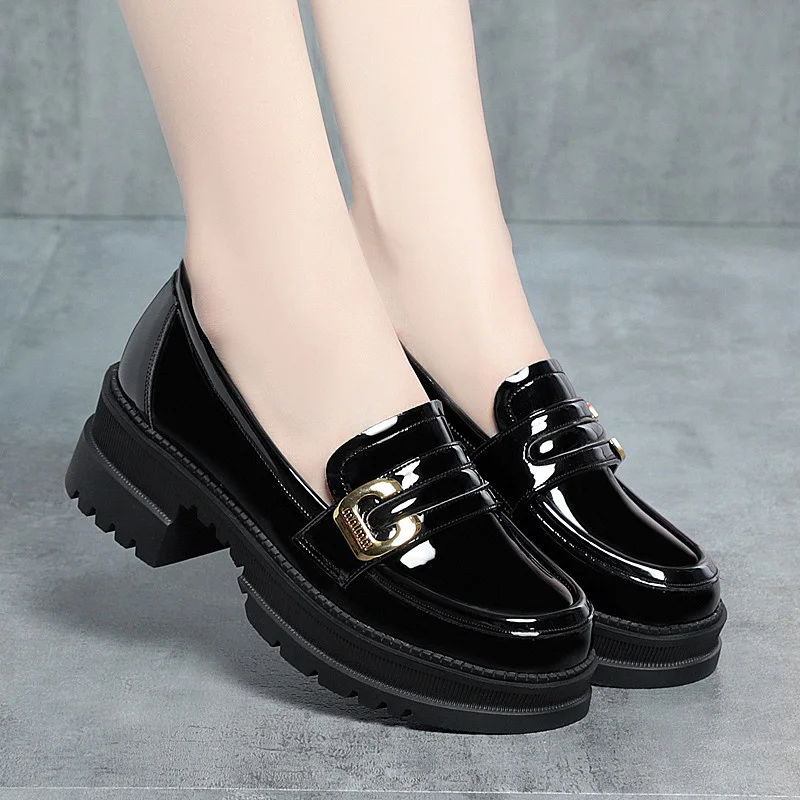 Women 2024 Spring Autumn Deep Mouth High Heels Loafers Patent Leather Chunky Platform Pumps Slip On Black Office Mary Jane Shoes - Image 2