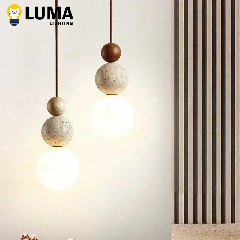 Luma Cream Style Yellow Travertine Pendant Lights, Nature Stone Wood Hanging Lamps for Bedroom Bedside Restaurant Kitchen Island 5