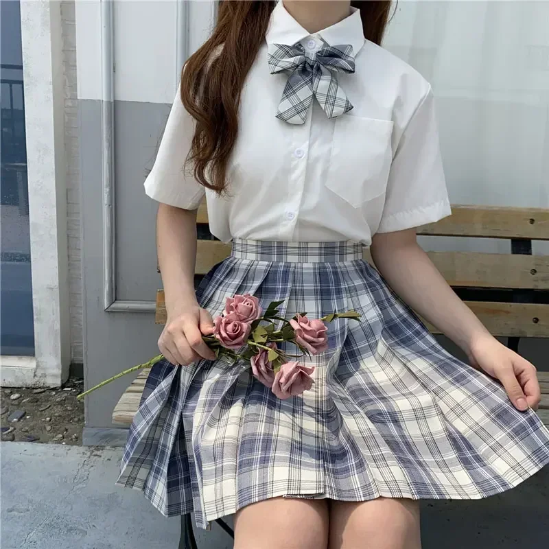 Japanese School Uniform Shirt Plaid Skirt Set Korean School JK Short Sleeve Pleated Skirt Set Girl Seifuku