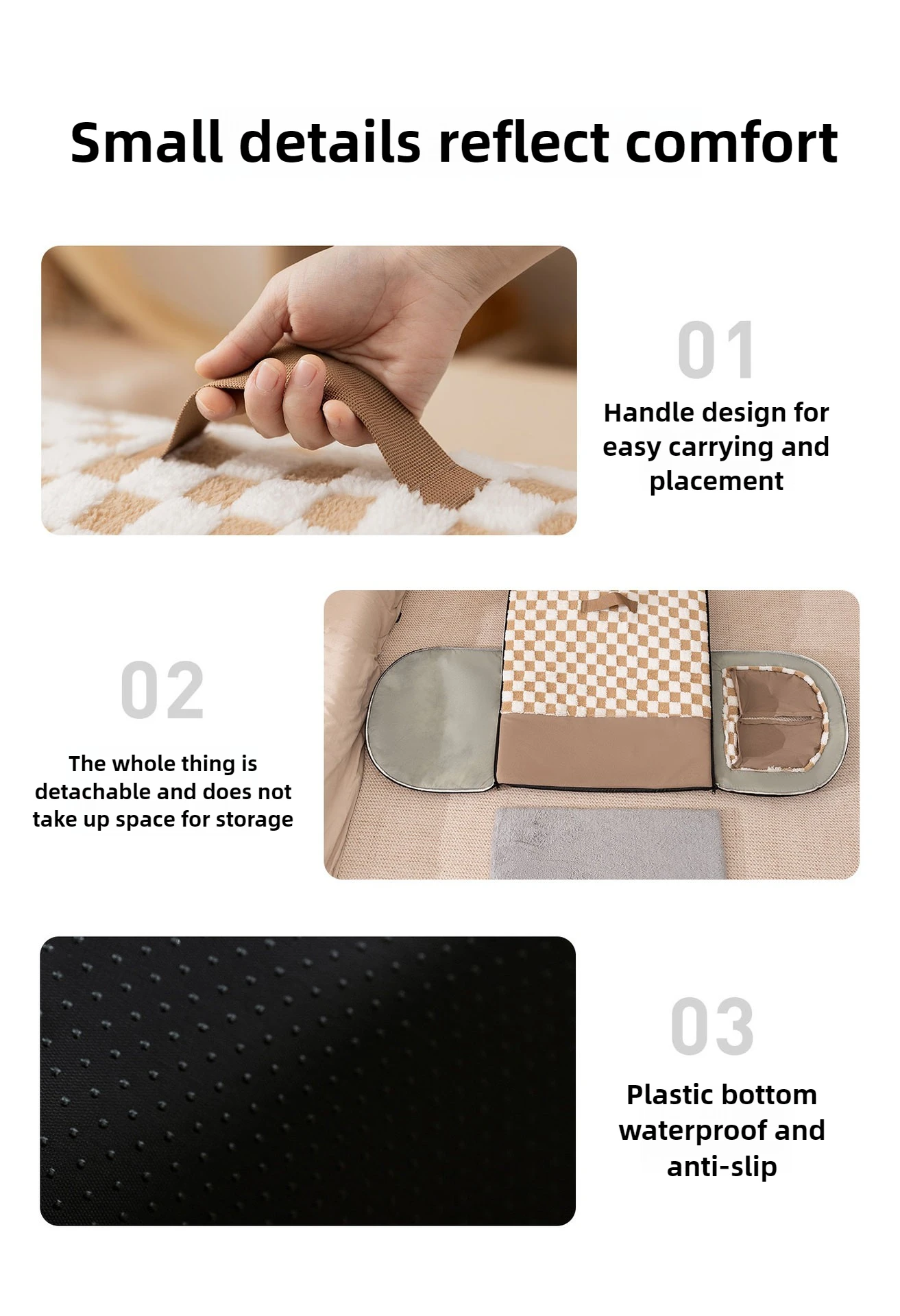 Three close-up panels highlighting the construction of the cat bed: 01 showing the durable top handle for easy carrying, 02 demonstrating the detachable and collapsible design for storage, and 03 showcasing the waterproof, anti-slip plastic bottom.