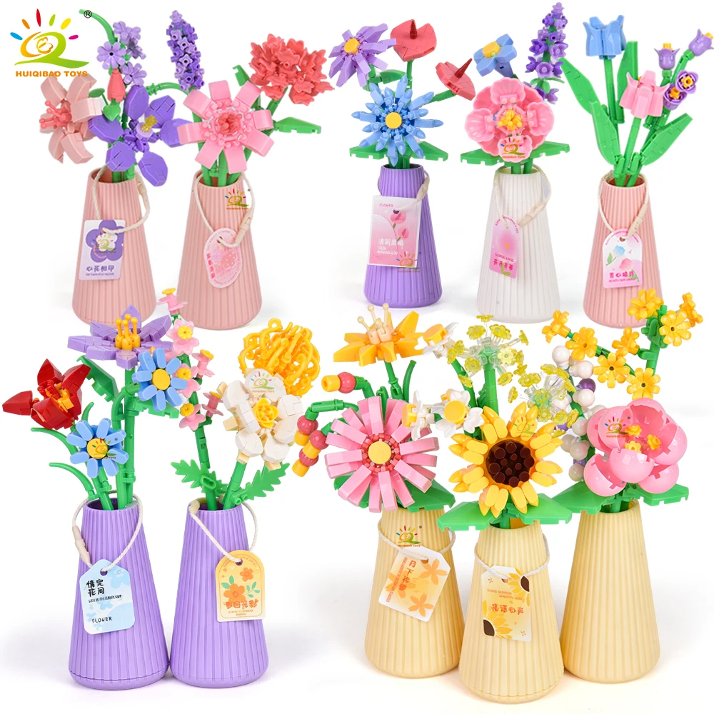 HUIQIBAO Flower Building Blocks Eternal Flower Bouquet MOC, with Pot Sunflower Rose Micro Mini Model Brick Toy Home Desk Decoration