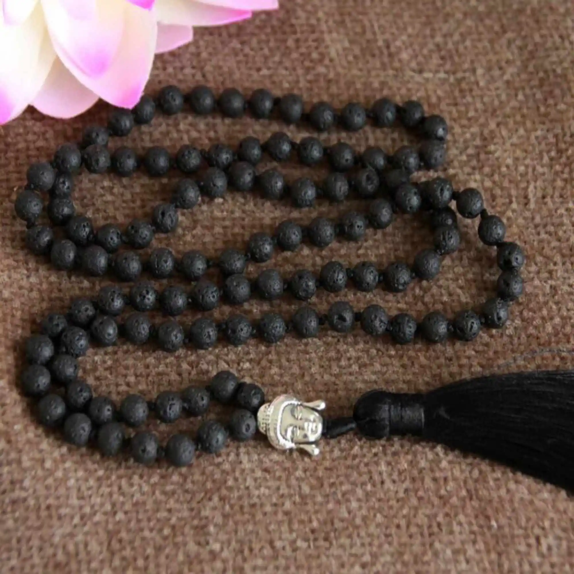 8mm Natural knot 108 black lava stone Buddha head necklace Bohemia Seven Chakras Gift Restore Wristband