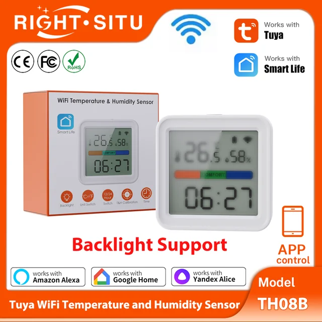 RightSitu Tuya WiFi Temperature Sensor Humidity Sensor Backlight Hygrometer Thermometer TH08 Work With Yandex Alice