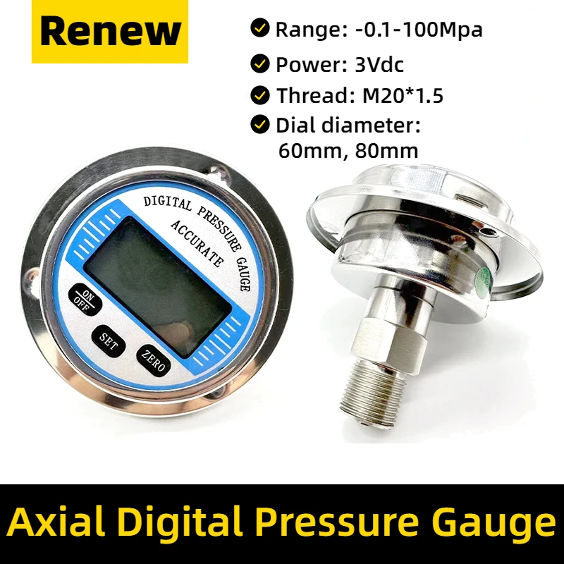 

100mm Digital Pressure Manometer Gauge LCD Display mpa bar psi kgf/cm2 Air Oil Liquid Pressure Gauge Axial NPT1/4 Back Mounting
