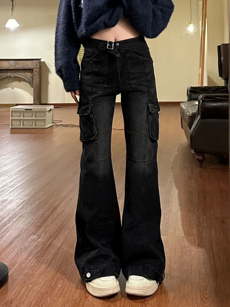 

Y2K Streetwear Black Cargo Flare Jeans for Women Retro Korean High Waist Multiple Pockets Slim Denim Pant American Bell Bottoms