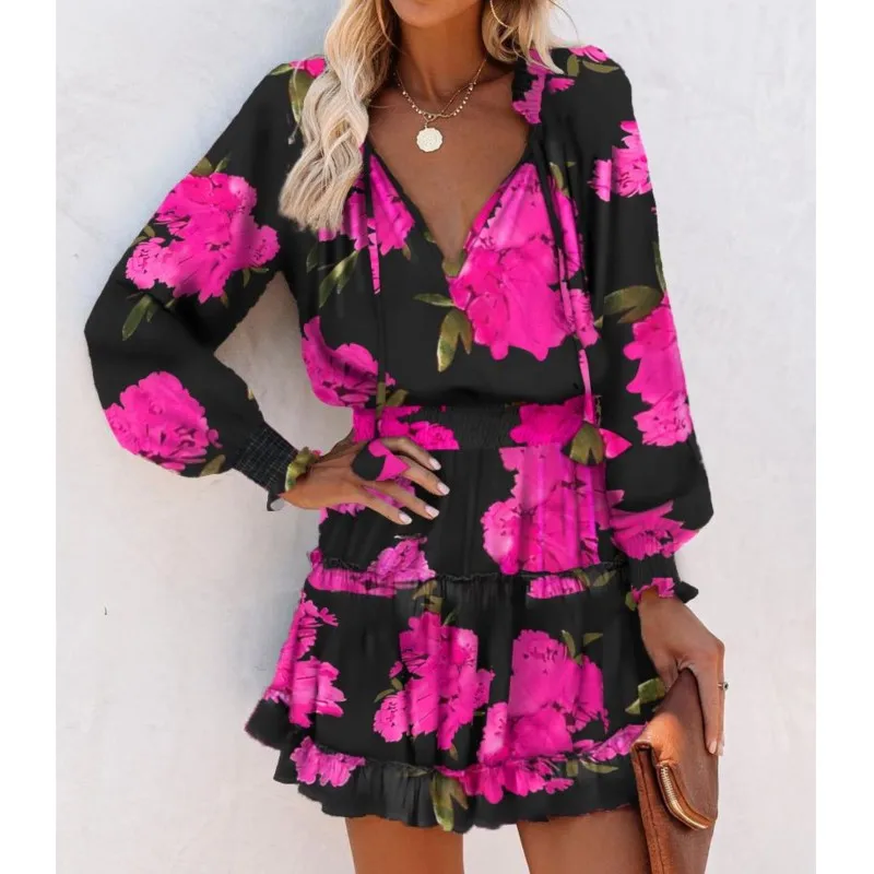 

Loose Floral Print Dresses 2024 Summer Long Sleeved V-neck Fashionable Printed Dress For Women Ruffle Splicing Vestidos