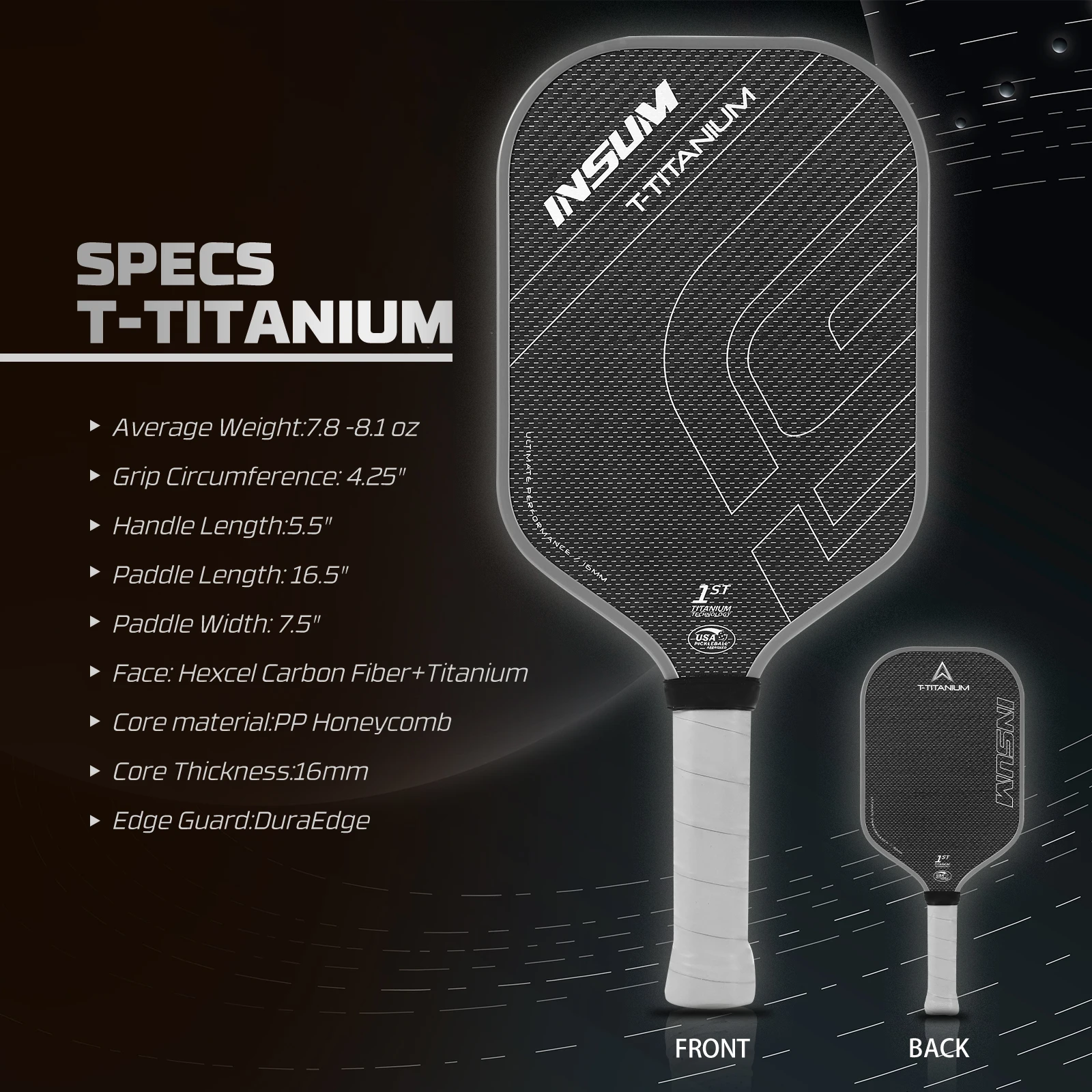 INSUM T-Titanium Pickleball Paddle USAPA certified, CTS-Carbon Titanium Surface 1st titanium Tech High Grit Paddle