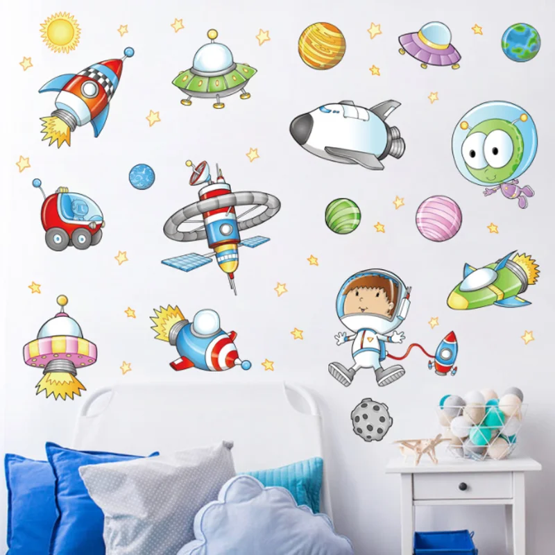 50*70cm Space Astronaut Cartoon Wall Stickers Children's Room Kindergarten Bedroom Living Room Background Decoration Stickers new fashion cartoon children stickers diy decoration tags kindergarten teachers reward labels self adhesive