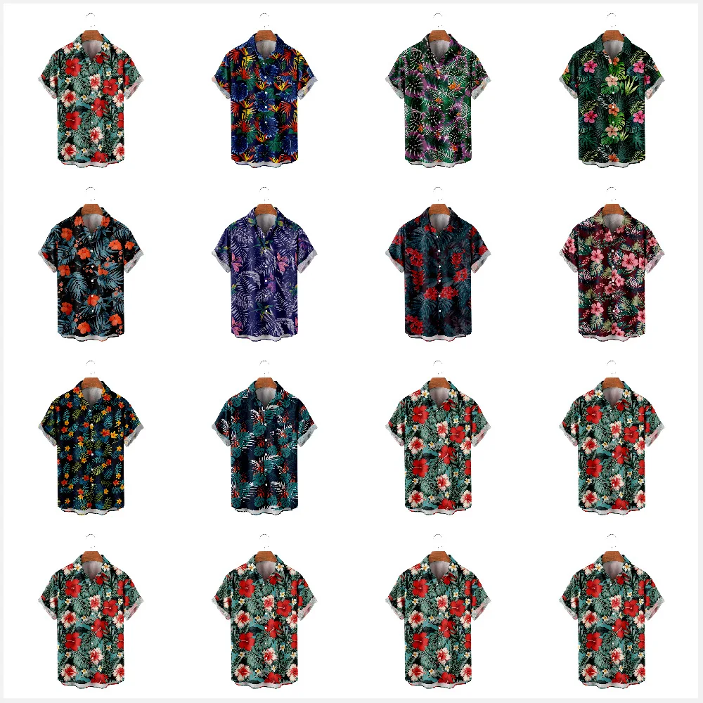 

Summer Men Floral Leaves Printed Short Sleeve Blouse Hawaiian Holiday Beach Tops Oversized Shirts