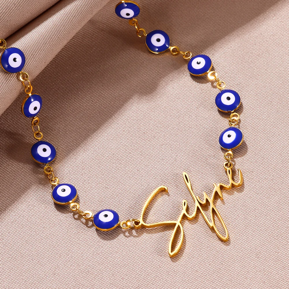 맞춤형 블루 이블 아이 이름 목걸이, 여성용 쥬얼리, 스테인레스 스틸 골드 컬러, 맞춤형 명판 부적 목걸이-Freehip.co.kr