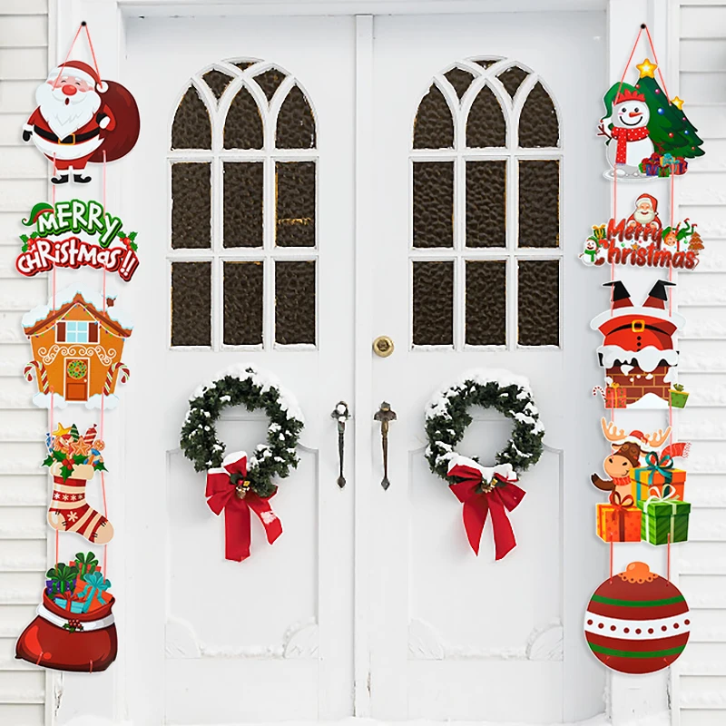 

1pair Merry Christmas Door Hanging Banner Santa Claus Snowman Elk Paper Couplet for Christmas Party Home Decoration Navidad Noel