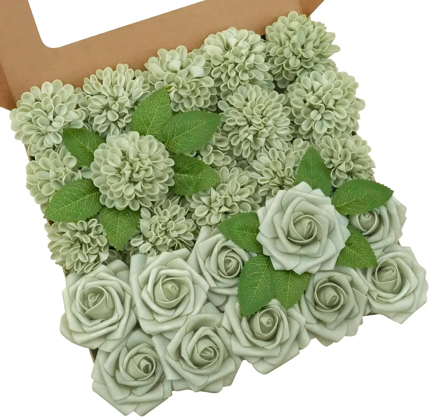 25 Stück salbeigrüne Rosen und Dahlie-Blumen für Heimdekoration, Abschlussfeier, Festival, Feier, Geburtstagsfeier
