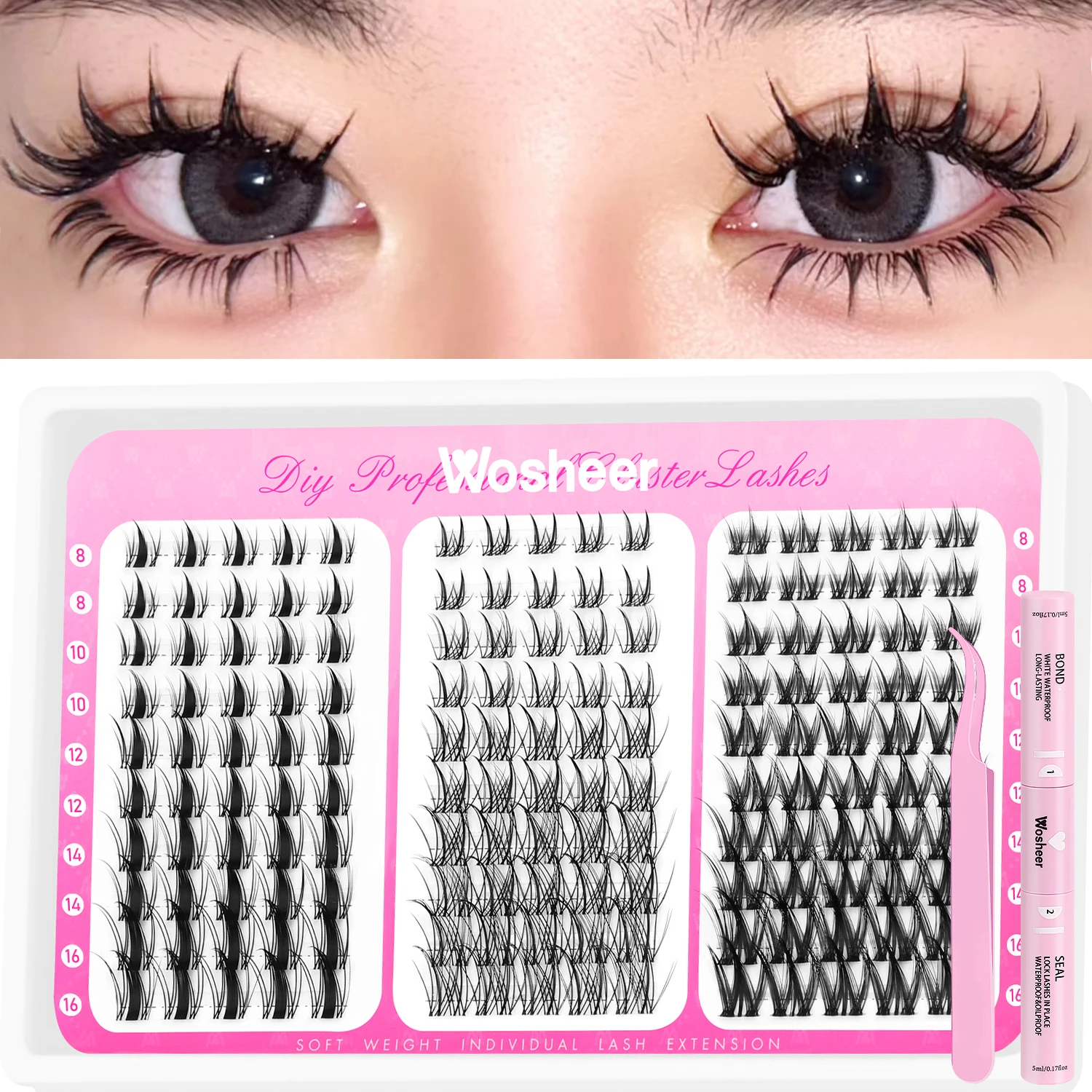 Kit de racimos de pestañas Manga Lash Lashes Cat Lashes con Lash Bond & Seal Extensiones de pestañas en racimo Bandeja mixta Kit de racimos de pestañas_voghion.com