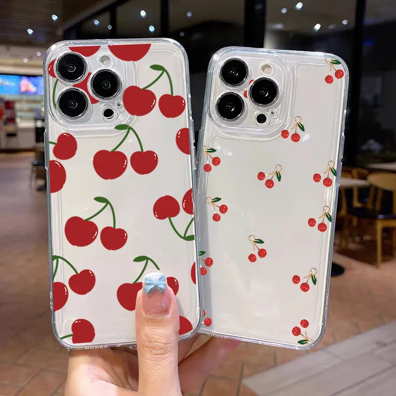 Red Cherry Daisy Transparent Silicone TPU Phone Case Cover