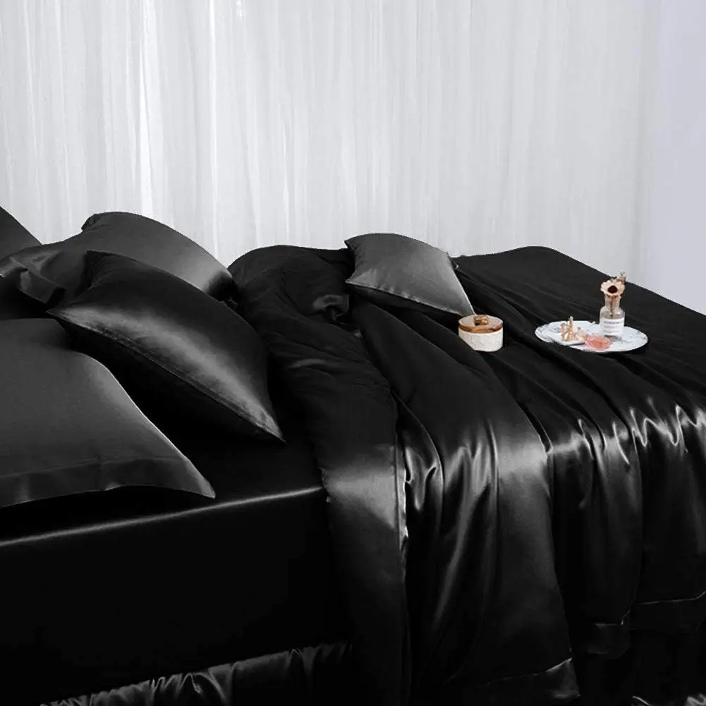 

Black Silk Duvet Cover Set 4 Piece, Silk Sheets, Luxury Bedding Sets - Ultra Soft, Machine Washable, Top Grade Mulberry Silk