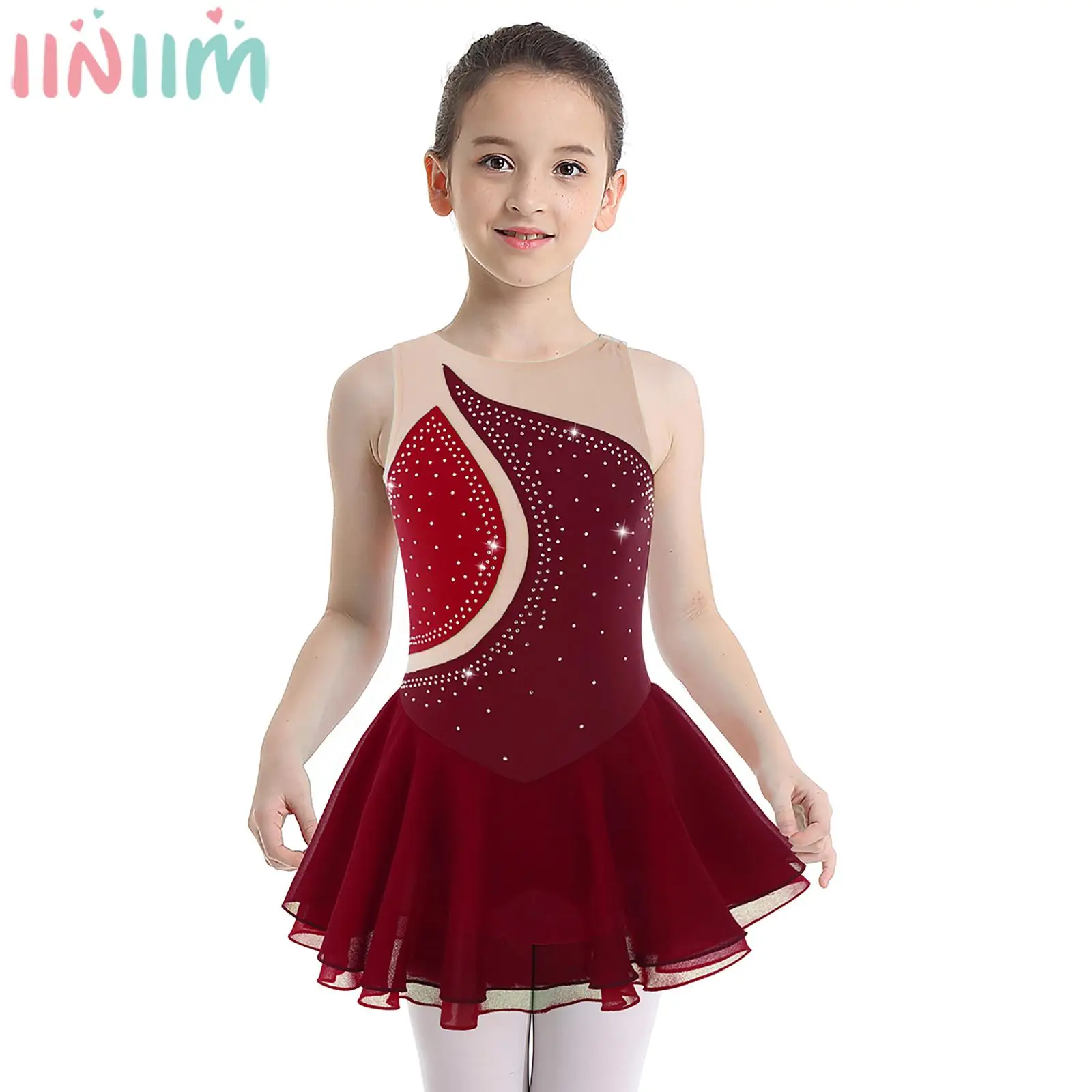 

6-16Y Girls Ballet Dance Dress Figure Skating Gymnastics Performance Costume Sleeveless Shiny Rhinestone Sheer Mesh Leotard Tutu